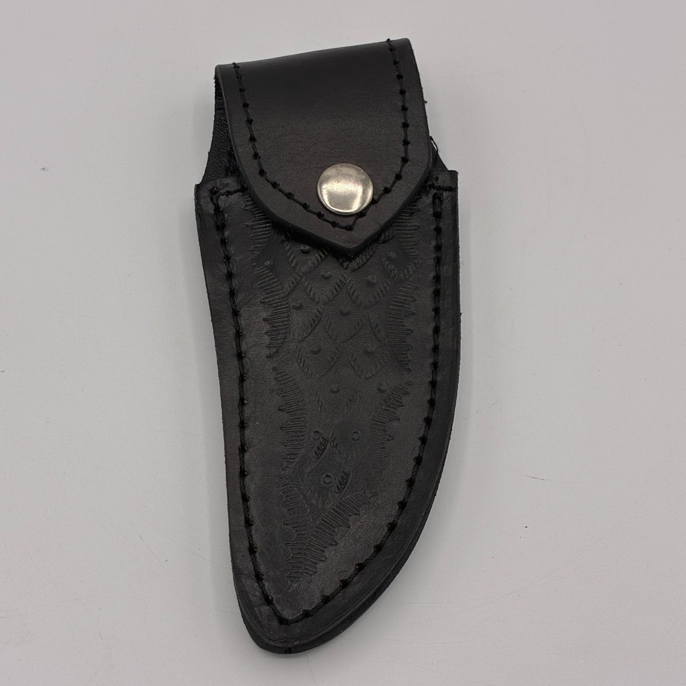 Leather Folding Knife Sheath Belt Case Pouch Snap Closure Tooled Feather Design